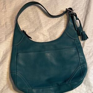 Coach Teal Leather Hobo Bag with Tassel Accent